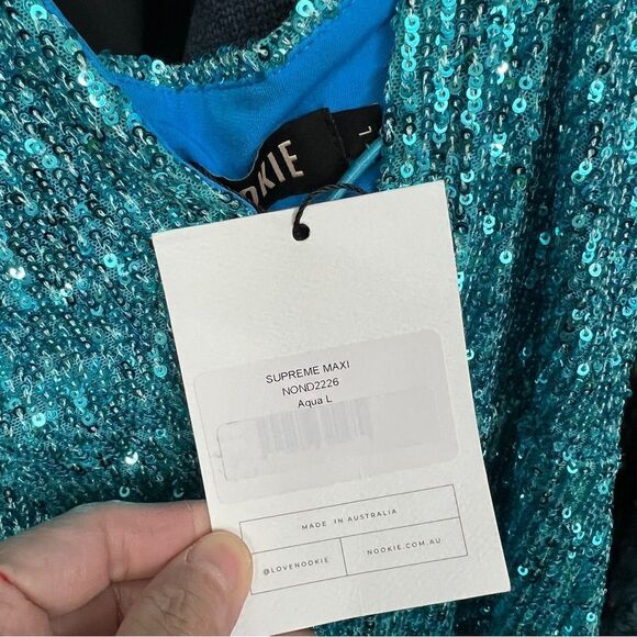 Nookie Supreme Maxi Sequins Cutout Dress Large in Aqua Blue $370 - Picture 4 of 10